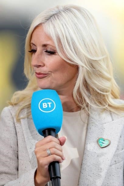 Lynsey Hipgrave is seen speaking on BT Sport following the Premier League match between Wolverhampton Wanderers and Brentford at Molineux on...