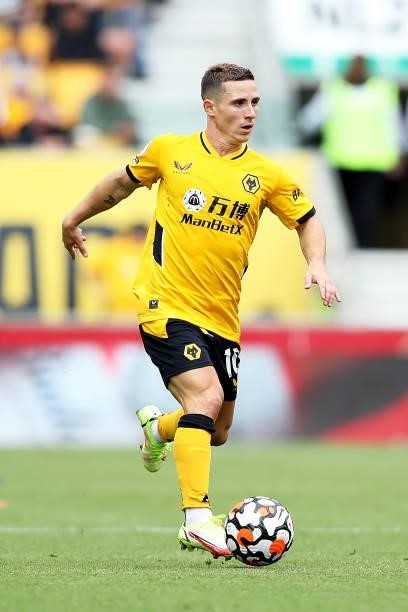 Daniel Podence of Wolverhampton Wanderers runs with the ball during the Premier League match between Wolverhampton Wanderers and Brentford at...