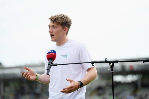 Dom Bess of Yorkshire and England speaks on Sky Sports during the Semi-Final of the Vitality T20 Blast match between Hampshire Hawks and Somerset at...