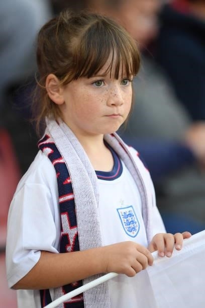 An England fan looks on prior to the FIFA Women's World Cup 2023 Qualifier group D match between England and North Macedonia at St. Mary's Stadium on...