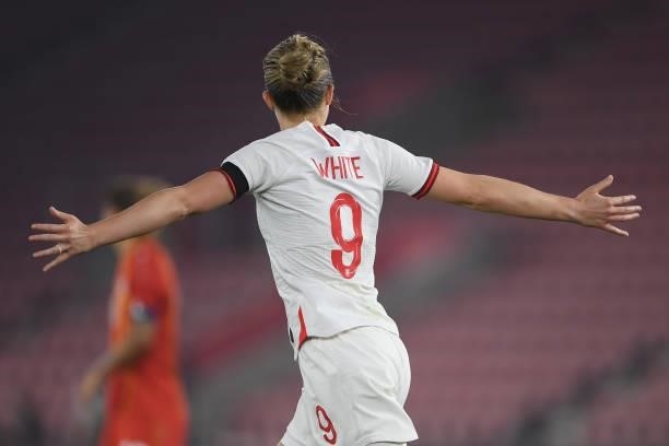 Ellen White of England celebrates after scoring her side's second during the FIFA Women's World Cup 2023 Qualifier group D match between England and...