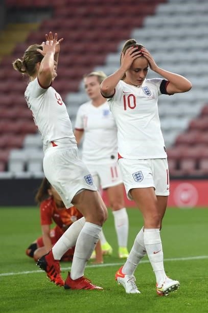 Ellen White and Ella Toone of England react during the FIFA Women's World Cup 2023 Qualifier group D match between England and North Macedonia at St....
