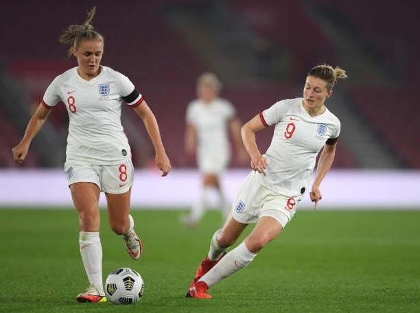 Georgia Stanway and Ellen White of England in action during the FIFA Women's World Cup 2023 Qualifier group D match between England and North...