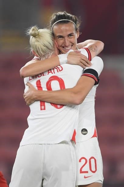 Bethany England of England celebrates with teammate Jill Scott after scoring their side's fifth goal during the FIFA Women's World Cup 2023 Qualifier...