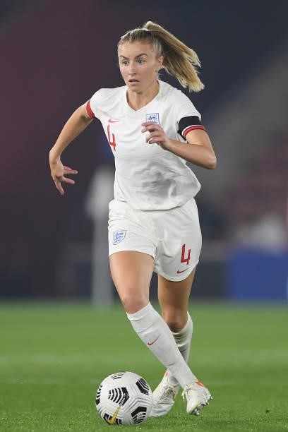 Leah Williamson of England runs with the ball during the FIFA Women's World Cup 2023 Qualifier group D match between England and North Macedonia at...
