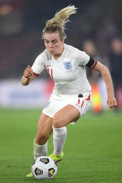 Lauren Hemp of England runs with the ball during the FIFA Women's World Cup 2023 Qualifier group D match between England and North Macedonia at St....