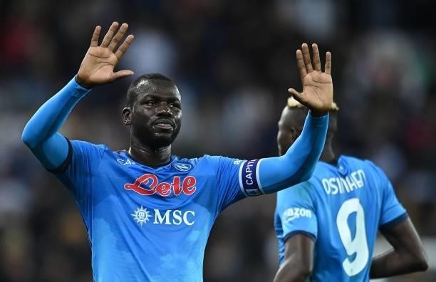 Kalidou Koulibaly of SSC Napoli celebrates the victory after the Serie A match between Udinese Calcio and SSC Napoli at Dacia Arena on September 20,...