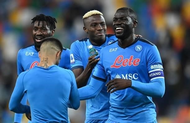Andrè Anguissa, Victor Osimhen, Kalidou Koulibaly and Lorenzo Insigne of SSC Napoli celebrate the victroy after the Serie A match between Udinese...
