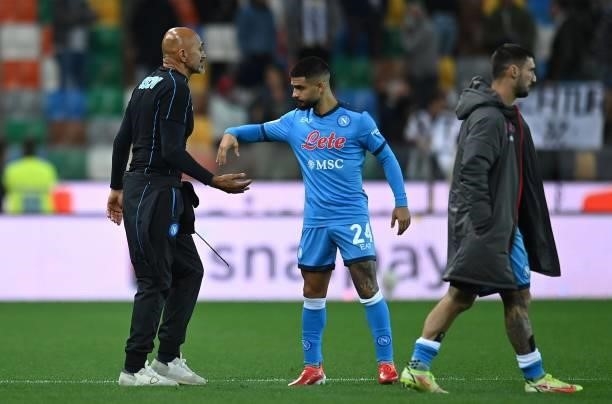 Luciano Spalletti head coach and Lorenzo Insigne of SSC Napoli celebrate the victory during the Serie A match between Udinese Calcio and SSC Napoli...