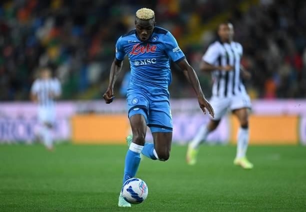 Victor Osimhen of SSC Napoli in action during the Serie A match between Udinese Calcio and SSC Napoli at Dacia Arena on September 20, 2021 in Udine,...