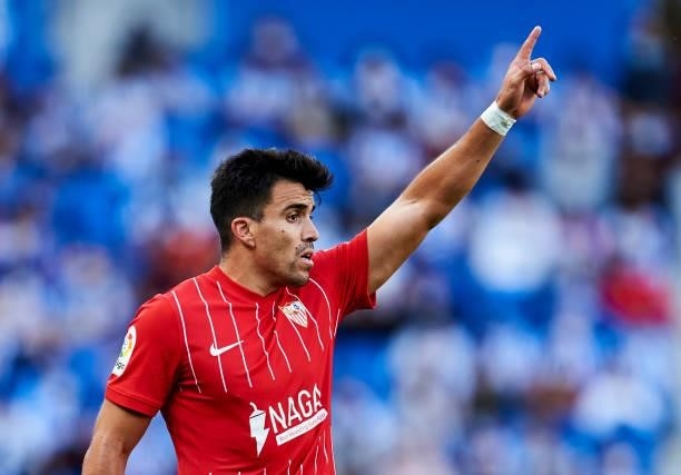 Marcos Acuna of Sevilla FC reacts during the La Liga Santander match between Real Sociedad and Sevilla FC at Reale Arena on September 19, 2021 in San...