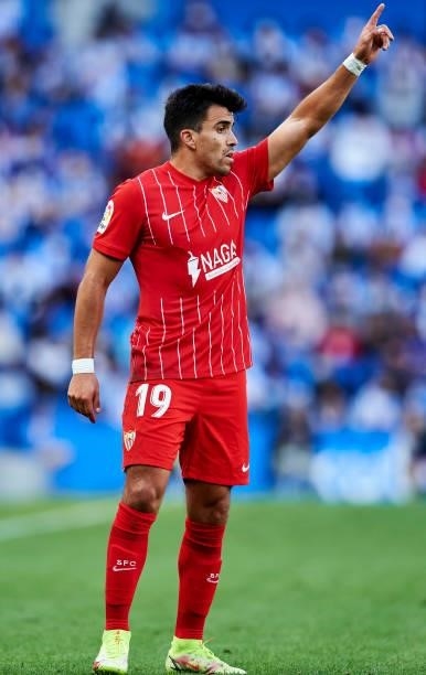 Marcos Acuna of Sevilla FC reacts during the La Liga Santander match between Real Sociedad and Sevilla FC at Reale Arena on September 19, 2021 in San...