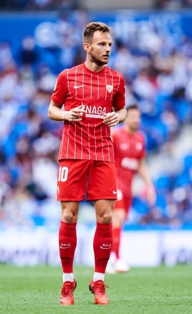 Ivan Rakitic of Sevilla FC reacts during the La Liga Santander match between Real Sociedad and Sevilla FC at Reale Arena on September 19, 2021 in San...