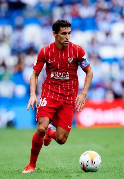 Jesus Navas Gonzalez of Sevilla FC in action during the La Liga Santander match between Real Sociedad and Sevilla FC at Reale Arena on September 19,...
