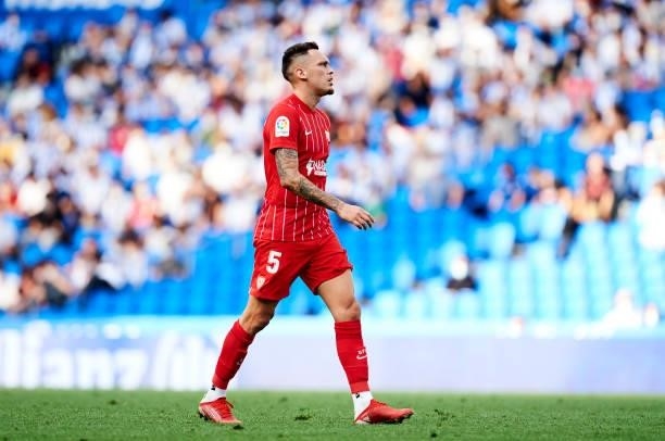 Lucas Ocampos of Sevilla FC reacts during the La Liga Santander match between Real Sociedad and Sevilla FC at Reale Arena on September 19, 2021 in...