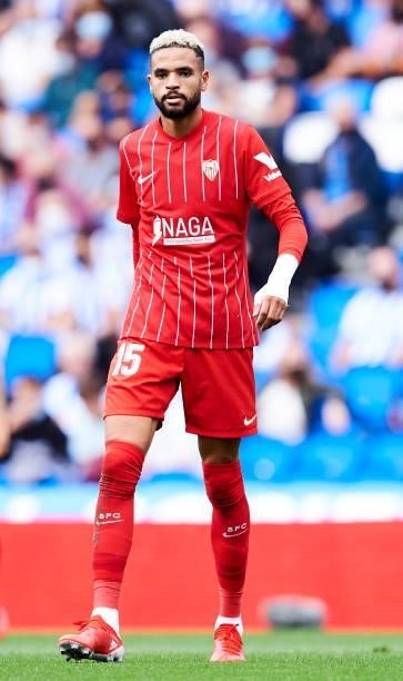 Yousseff En-Nesyri of Sevilla FC reacts during the La Liga Santander match between Real Sociedad and Sevilla FC at Reale Arena on September 19, 2021...