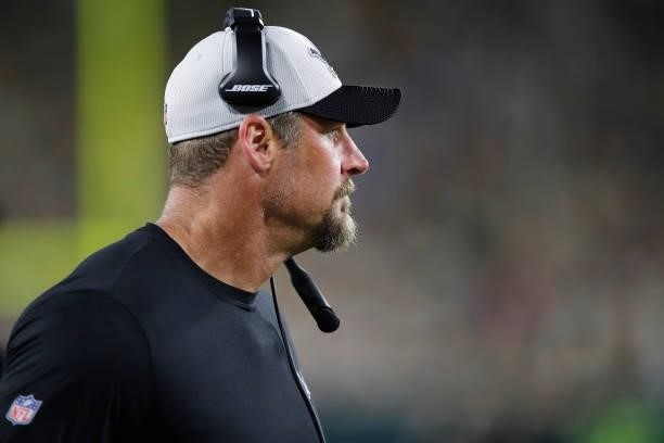 Head coach Dan Campbell of the Detroit Lions looks on against the Green Bay Packers during the first half at Lambeau Field on September 20, 2021 in...