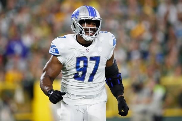 Nick Williams of the Detroit Lions reacts to a sack against the Green Bay Packers during the first half at Lambeau Field on September 20, 2021 in...