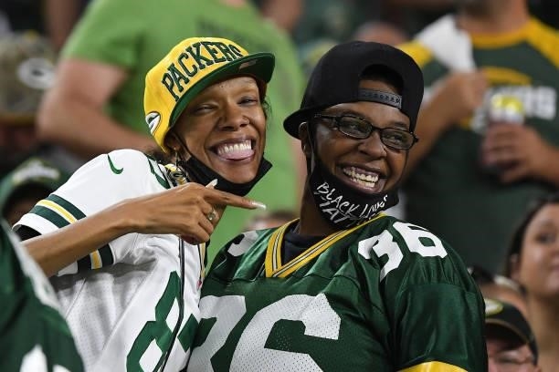 Green Bay Packers fans look on against the Detroit Lions during the first half at Lambeau Field on September 20, 2021 in Green Bay, Wisconsin.