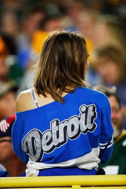 Detroit Lions fan shows her team spirit against the Green Bay Packers during the first half at Lambeau Field on September 20, 2021 in Green Bay,...