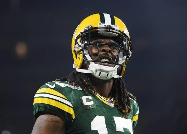 Davante Adams of the Green Bay Packers reacts against the Detroit Lions during the second half at Lambeau Field on September 20, 2021 in Green Bay,...