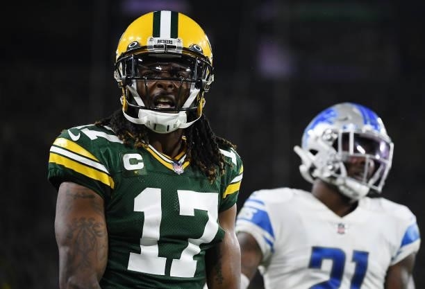 Davante Adams of the Green Bay Packers reacts against the Detroit Lions during the second half at Lambeau Field on September 20, 2021 in Green Bay,...
