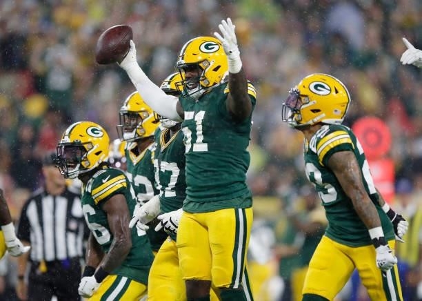 Krys Barnes of the Green Bay Packers celebrates after recovering a fumble against the Detroit Lions during the second half at Lambeau Field on...