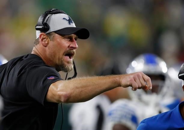 Head coach Dan Campbell of the Detroit Lions reacts against the Green Bay Packers during the second half at Lambeau Field on September 20, 2021 in...
