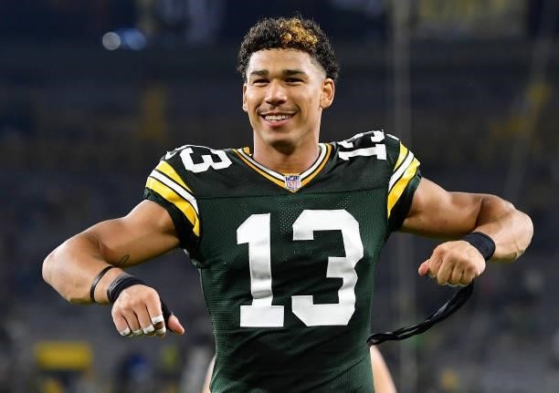 Allen Lazard of the Green Bay Packers reacts as he walks of the field following the team's win against the Detroit Lions during an NFL football game...