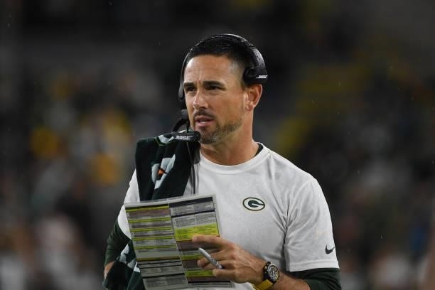 Head coach Matt LaFleur of the Green Bay Packers looks on against the Detroit Lions during the second half at Lambeau Field on September 20, 2021 in...