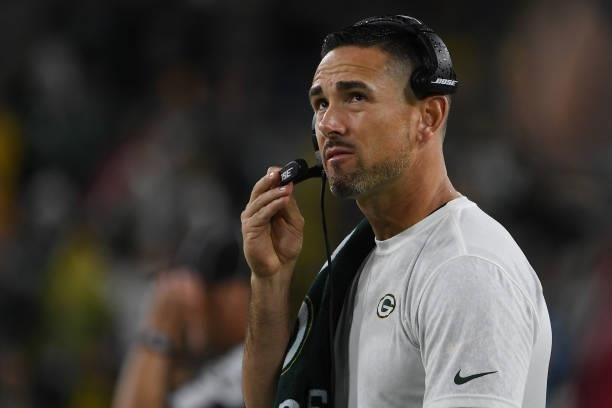 Head coach Matt LaFleur of the Green Bay Packers looks on against the Detroit Lions during the second half at Lambeau Field on September 20, 2021 in...