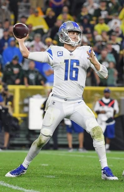 Jared Goff of the Detroit Lions throws against the Green Bay Packers during the second half at Lambeau Field on September 20, 2021 in Green Bay,...