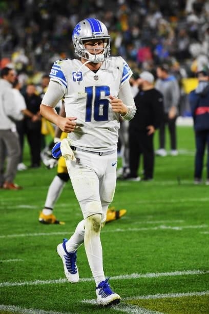 Jared Goff of the Detroit Lions leaves the field after a loss to the Green Bay Packers following an NFL football game at Lambeau Field on September...