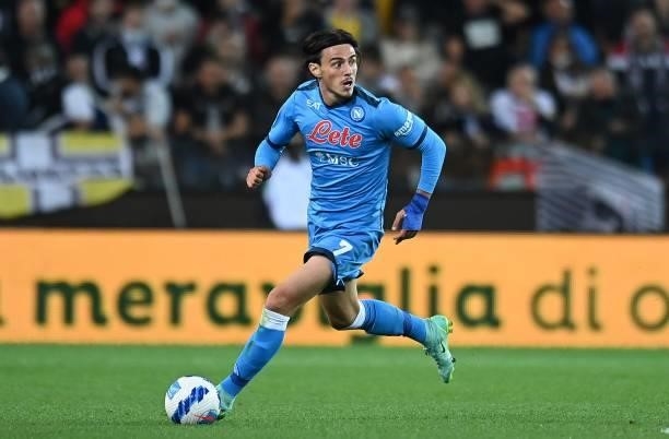 Eljif Elmas of SSC Napoli in action during the Serie A match between Udinese Calcio and SSC Napoli at Dacia Arena on September 20, 2021 in Udine,...