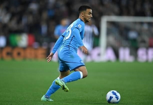 Adam Ounas of SSC Napoli in action during the Serie A match between Udinese Calcio and SSC Napoli at Dacia Arena on September 20, 2021 in Udine,...