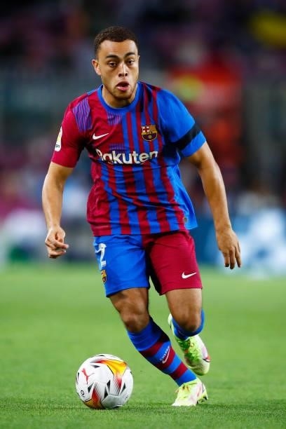 Sergino Dest of FC Barcelona runs with the ball during the La Liga Santander match between FC Barcelona and Granada CF at Camp Nou on September 20,...