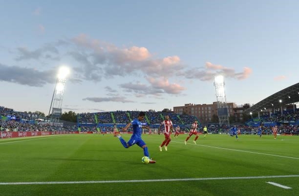 General view inside the stadium as Jose Juan Macias of Getafe crosses the ball during the La Liga Santander match between Getafe CF and Club Atletico...