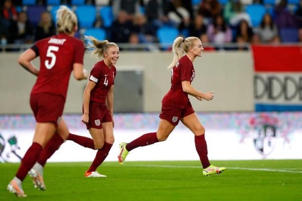 Alex Greenwood of England celebrates with Leah Williamson after scoring their side's fourth goal during the FIFA Women's World Cup 2023 Qualifier...