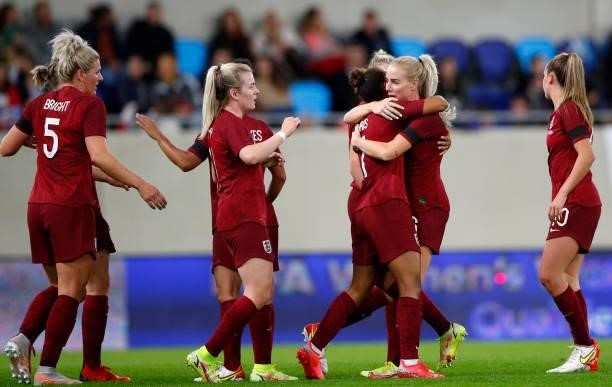 Alex Greenwood of England celebrates with Nikita Parris after scoring their side's fourth goal during the FIFA Women's World Cup 2023 Qualifier group...