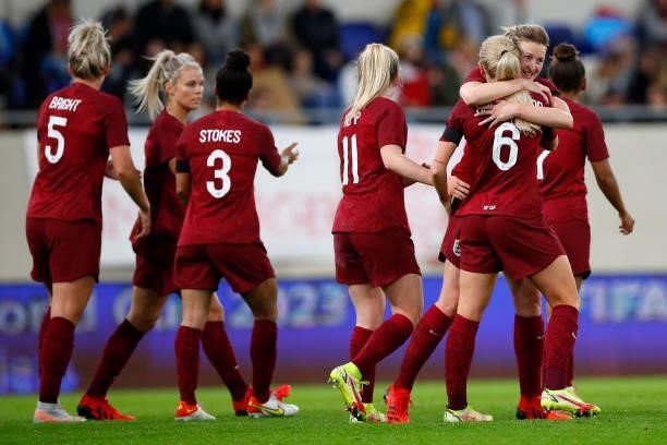 Alex Greenwood of England celebrates with Ellen White after scoring their side's fourth goal during the FIFA Women's World Cup 2023 Qualifier group D...