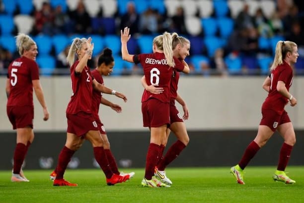 Alex Greenwood of England celebrates with Leah Williamson after scoring their side's fourth goal during the FIFA Women's World Cup 2023 Qualifier...