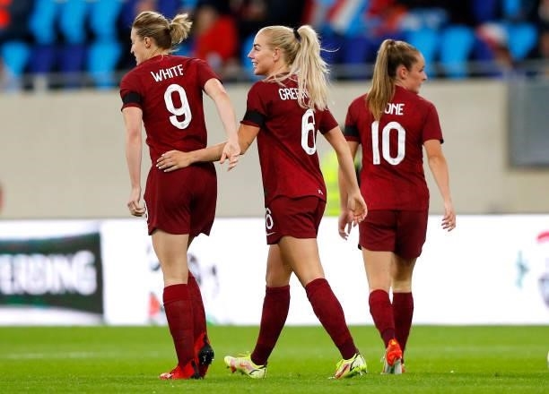 Alex Greenwood of England celebrates with Ellen White after scoring their side's fifth goal during the FIFA Women's World Cup 2023 Qualifier group D...