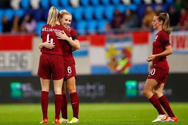 Alex Greenwood of England celebrates with Leah Williamson after scoring their side's fifth goal during the FIFA Women's World Cup 2023 Qualifier...