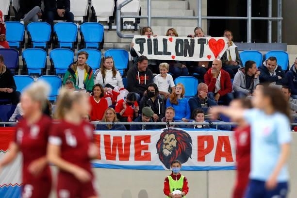 General view inside of the stadium as a sign is seen during the FIFA Women's World Cup 2023 Qualifier group D match between Luxembourg and England at...
