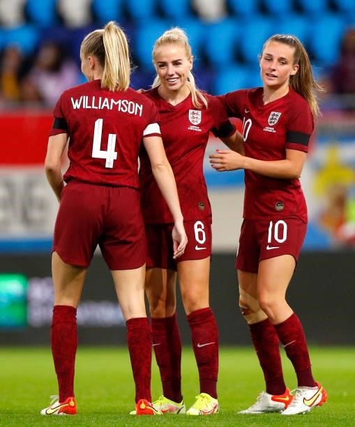 Alex Greenwood of England celebrates with Leah Williamson and Ella Toone after scoring their side's fifth goal during the FIFA Women's World Cup 2023...