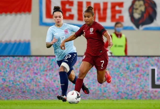 Nikita Parris of England runs with the ball whilst under pressure from Gabriela De Lemos of Luxembourg during the FIFA Women's World Cup 2023...
