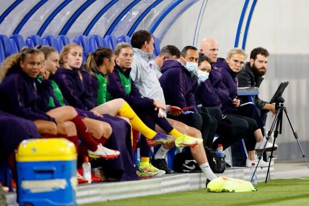 Sarina Wiegman, Head Coach of England looks on from the bench during the FIFA Women's World Cup 2023 Qualifier group D match between Luxembourg and...