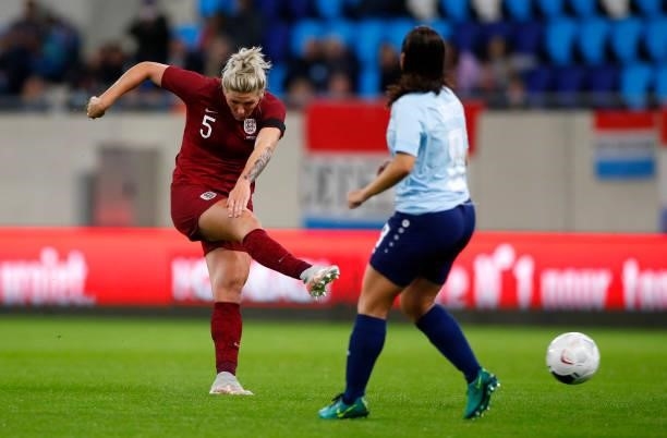 Millie Bright of England shoots during the FIFA Women's World Cup 2023 Qualifier group D match between Luxembourg and England at the Luxembourg...