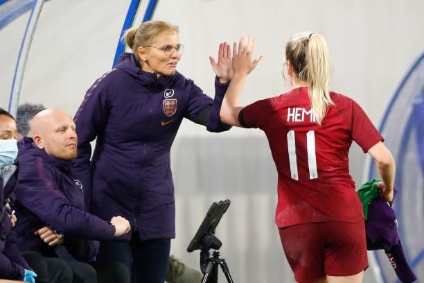Sarina Wiegman, Head Coach of England interacts with Lauren Hemp of England the FIFA Women's World Cup 2023 Qualifier group D match between...
