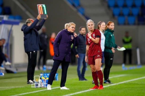 Sarina Wiegman, Head Coach of England interacts with Rachel Daly of England during the FIFA Women's World Cup 2023 Qualifier group D match between...